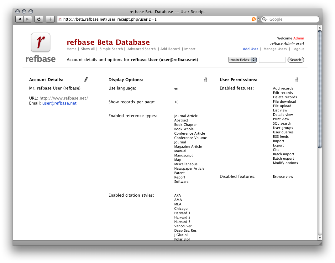 screenshot 2: overview of user account details & options