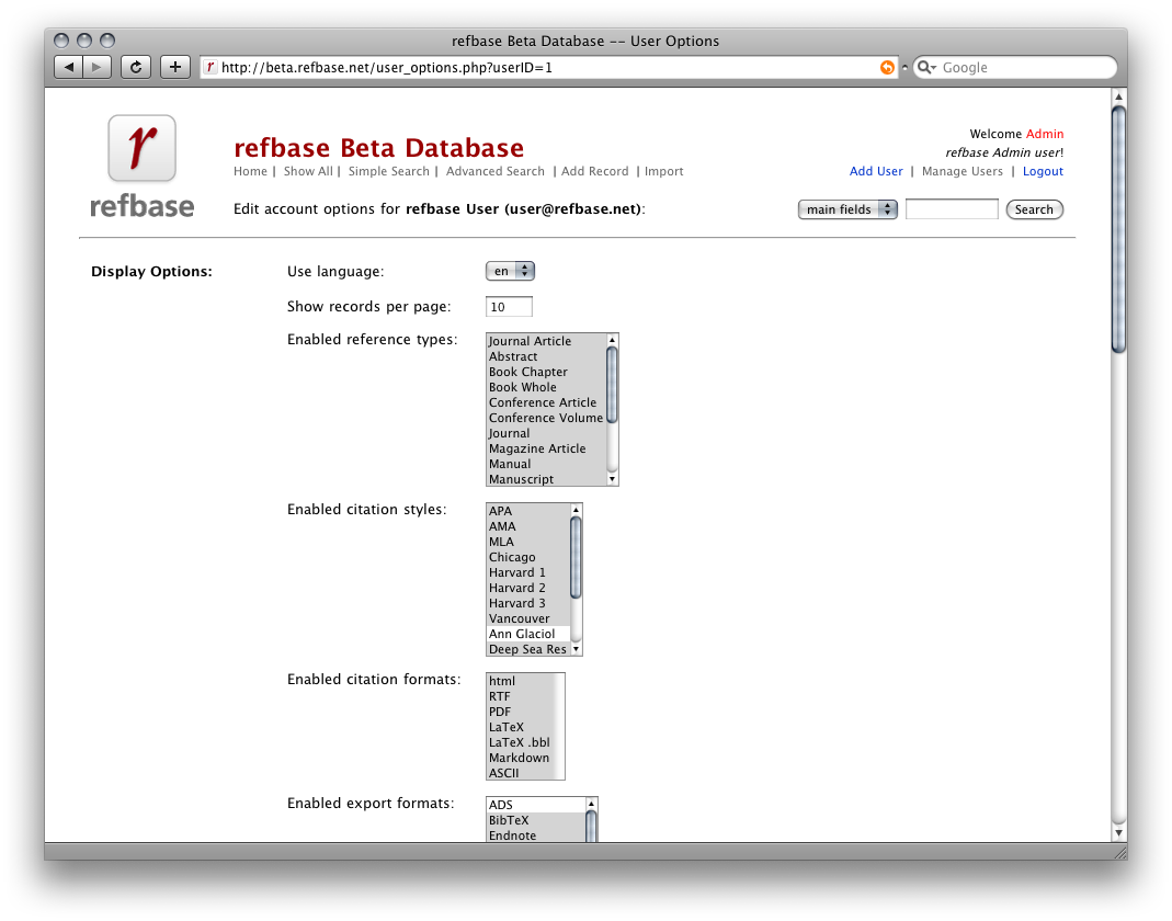screenshot 3: edit the user's display options