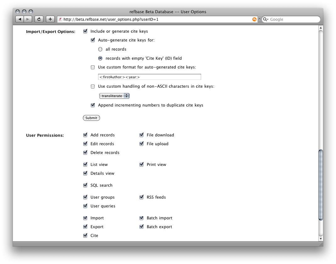 screenshot 4: edit the user's import/export options & permissions
